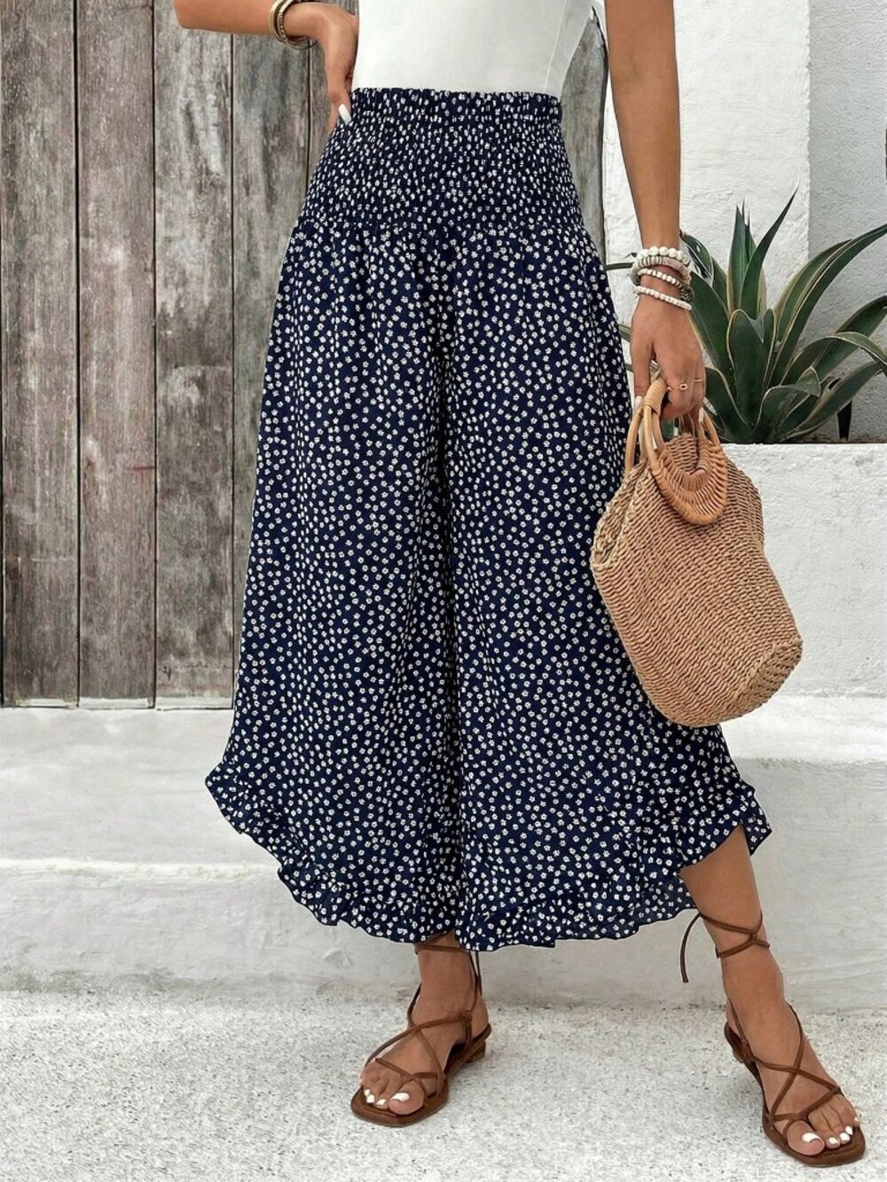 Casual Women's Ruffled Hem Ditsy Floral Pants